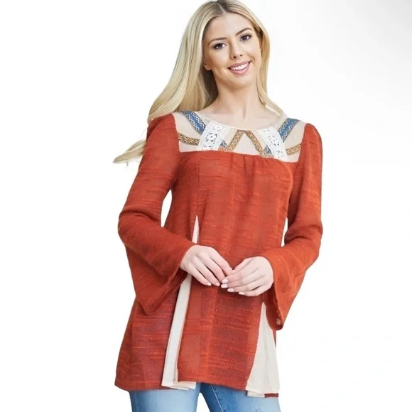 Ryu M/L Boho Sweater Bell Sleeve Cottagecore Hippie Mixed Media Artsy Rust Orang - Picture 6 of 15